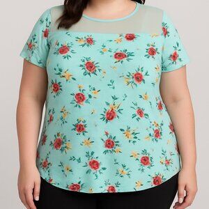 Kristin Nicole Floral Top w/ Sheer Mesh Yoke